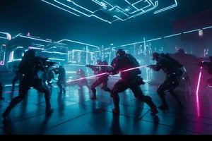 (best ultra high absurd quality):1.5, BREAK, full height, dramatic scene of (a group of multiple cyberpunk soldiers:1.4) fighting in holographic sci-fi battlefield against holograms, westworld, realistic fighting pose movement, absurdres, (((ultra detailed, full group of soldiers and fighting in scene))), 200mm, mirrorless digital camera, cinematic lighting, laser beams, heavy armor, heavy guns, BREAK,
(photorealistic intense dynamic action scene movement:1.3), panorama, strong depth of field, god rays, character focus, intricate masterpiece, epic detailed, (RAW, photo), 40000dpi, very clear, ,High detailed ,Movie Still