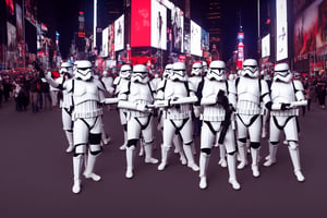 the assassination of julius caesar in time square by the starwars stromtroopers, white, roit, in the style of vincenzo camuccini, hyperrealism, cinematic, bokeh