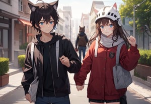 A family of cat ears wearing helmets