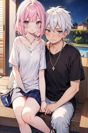 older man, woman, piercing, necklace, small breasts, casual clothes, shirt, t-shirt, sandals, white hair, pink hair, brown eyes, light blue eyes, room, looking at viewer, absence of mind, dazed state, stargazing, sitting, Rub the breasts of an uncle who smells of garlic,