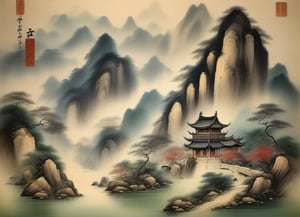 A temple in a deep valley, an old Chinese landscape painting