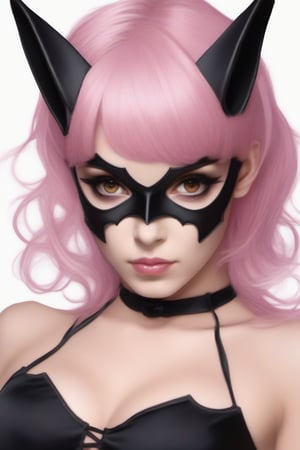 Female bat woman (eye mask, pink hair, small breasts, black bra and black bloomers, looking at camera, no background)