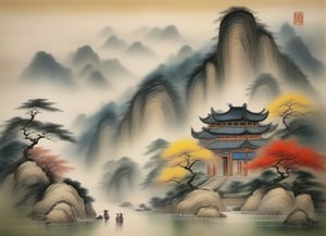 A temple in a deep valley, an old Chinese landscape painting