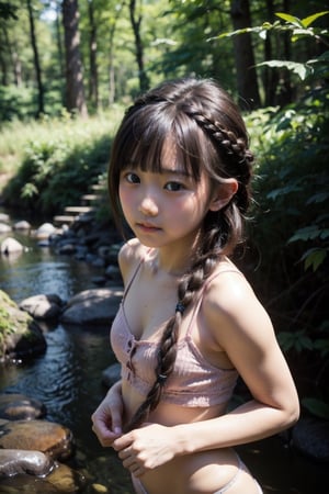 (((By the creek deep in the woods))),(looking at the audience),(((Only the face enters the camera))),
人物：a korean little girl,(((Pure and restrained little girl))),
頭髮：(bangs),(((braid:1.3))),
服飾：((low-cut)),(sleeveless spaghetti straps),(silk panties),