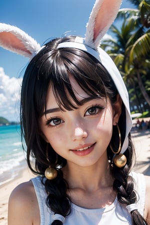 1girl, solo, beach, ultra realistic, palm_tree, bunny mascot, bunny teeth, 