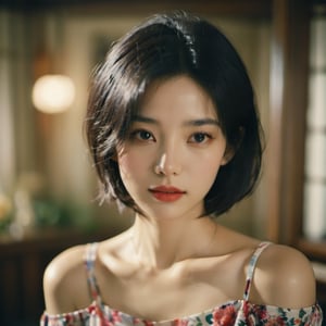 FilmGirl, 1girl, solo, looking at viewer, black hair, short hair, upper body, black eyes, lips, realistic, floral print, bare shoulders, closed mouth, collarbone, forehead, blurry, indoors, blurry background, off shoulder, shirt