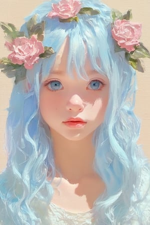 (Animation style:1.5),(1girl:1.3),solo,loli,long_hair,artistic oil painting stick,rough,(uneven),(embossment:1.2),light_blue_hair,portrait,(flower:0.3)