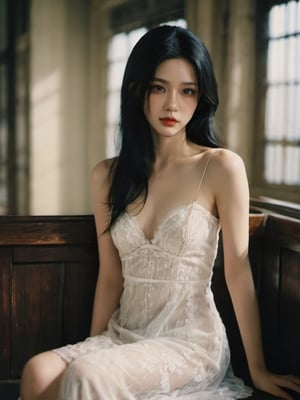 FilmGirl, 1girl, solo, black hair, dress, realistic, white dress, long hair, sitting, bare shoulders, looking at viewer, parted lips, breasts, collarbone, black eyes, lips, see-through, off shoulder, small breasts