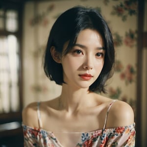 FilmGirl, 1girl, solo, looking at viewer, black hair, short hair, upper body, black eyes, lips, realistic, floral print, bare shoulders, closed mouth, collarbone, forehead, blurry, indoors, blurry background, off shoulder, shirt