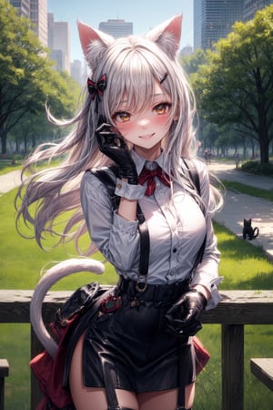 Kitty girl,white shirt button mini skirt punk,long hair soldier, black,hands gloves,face blushing smile closed breats medium accessories ears cat Tail cat suspenders,body perfect,hair perfect,hands perfect, accesories tie  ((city park forest))