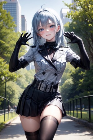 Eyes blue,hair perfect,bow neck,uniform black military general,sexy,((city forest park perfect)),,belt,accesories lined tights black looking at viewer hands-gloves,accesories looking at viewer,skirt punk,cute,looking at viewer face smile blushing,accessories looking at viewer breats meidum,body perfect,((pose run)),esdeath