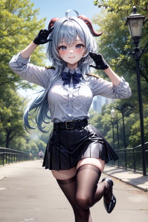 Eyes blue, hair blue perfect,bow neck, uniform military white shirt ,sexy,((city forest park perfect)),,belt,accesories  lined tights black looking at viewer hands-gloves,accesories looking at viewer,skirt punk,cute,looking at viewer face smile blushing,accessories looking at viewer breats meidum,body perfect,((pose run)),ganyu 