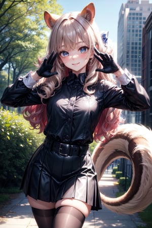 Eyes blue, curly long hair perfect,bow neck, uniform blue general,sexy,((city forest park perfect)),,belt,accesories Hair tights black looking at viewer hands-gloves,accesories looking at viewer,skirt punk,cute,looking at viewer face smile blushing,accessories looking at viewer breats meidum,body perfect,((pose cute)),squirrel girl