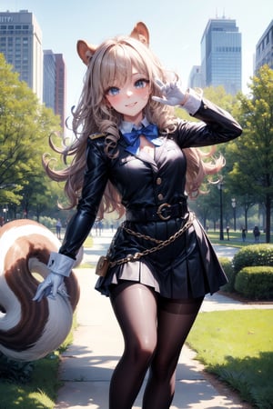 Eyes blue, curly long hair perfect,bow neck, uniform blue general,sexy,((city forest park perfect)),,belt,accesories Hair tights black looking at viewer hands-gloves,accesories looking at viewer,skirt punk,cute,looking at viewer face smile blushing,accessories looking at viewer breats meidum,body perfect,((pose cute)),squirrel girl