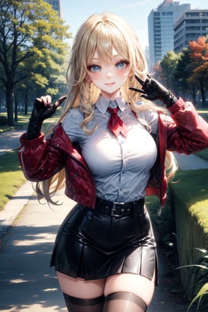 Eyes blue,hair perfect,bow neck,white shirt button ,sexy,((city forest park perfect)),,belt,accesories  tights black looking at viewer hands-gloves,accesories looking at viewer,skirt punk,cute,looking at viewer face smile blushing,accessories looking at viewer breats meidum,body perfect,((pose run)),navia 