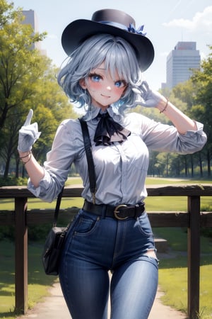 Eyes blue lights,hair perfect,bow neck,suit white shirt button,sexy,((city forest park perfect)),tears,belt,accesories lined tights black looking at viewer hands-gloves,accesories tophat furina looking at viewer,jeans blue punk,cute,looking at viewer, face smile blushing,accessories looking at viewer breats meidum,body perfect,((posing cutie)),furina