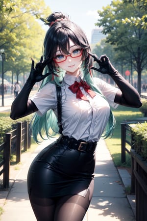 Eyes blue, hair perfect,bow neck,white shirt button ,sexy,((city forest park perfect)),,belt,accesories glasses  tights black looking at viewer hands-gloves,accesories looking at viewer,skirt punk,cute,looking at viewer face smile blushing,accessories looking at viewer breats meidum,body perfect,((pose cute)),xianyun