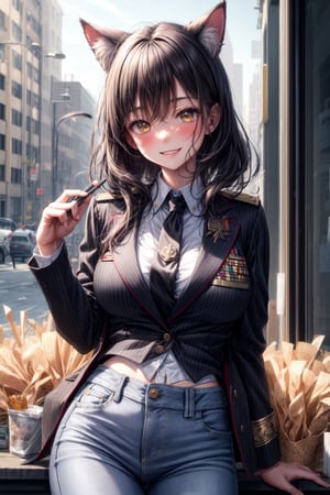 kitty-Girl,suit white shorts tie elegant general military jacket black,jeans-black,breast medium,accessories hay general medals general  ears cat ((office)) face blushing smile 