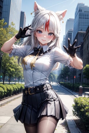 Eyes blue, hair perfect,bow neck,uniform blue general,sexy,((city forest park perfect)),,belt,accesories Hair tights black looking at viewer hands-gloves,accesories looking at viewer,skirt punk,cute,looking at viewer face smile blushing,accessories looking at viewer breats meidum,body perfect,((pose cute)),ningguang