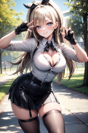 Eyes blue, hair perfect,bow neck,whitte shirt button,sexy,((city forest park perfect)),,belt,accesories military tights black looking at viewer hands-gloves,accesories maid looking at viewer,skirt black Punk ,cute,looking at viewer face smile blushing,accessories looking at viewer breats meidum,body perfect,((pose cute)),rupee(nikke)