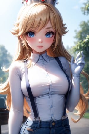 , white shirt perfect jeans blue,breats medium  perfect, eyes light perfect, black suspenders accessories crown,((park forest city))blushing smile sexy  eyes light perfect body pefect hands perfect, lookin at viewer hands-gloves  black perfect ,princess rosalina,