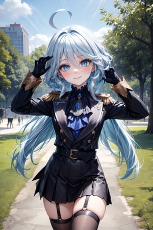 Eyes blue,curly long Nji blue hair perfect,bow neck,uniform black military general,sexy,((city forest park perfect)),,belt,accesories Hair tights black looking at viewer hands-gloves,accesories looking at viewer,skirt punk,cute,looking at viewer face smile blushing,accessories looking at viewer breats meidum,body perfect,((pose run)),furina,