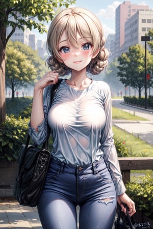   ((city park forest)), girls un panzer breast medium white shirt jeans blue blushing smile ,darjeeling_(girls_und_panzer)