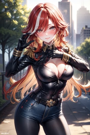 Eyes blue,long Orange curly Nji multicolored hair perfect,bow neck,whitte shirt button uniform military,sexy,((city forest park perfect)),,belt,accesories military tights black looking at viewer hands-gloves,accesories looking at viewer,jeans black punk,cute,looking at viewer face smile blushing,accessories looking at viewer breats meidum,body perfect,((pose cute)),mavuika 