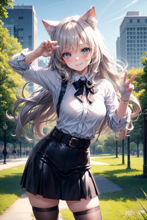 Eyes blue,curly long hair perfect,bow neck,white shirt button,sexy,((city forest park perfect)),,belt,accesories Hair tights black looking at viewer hands-gloves,accesories looking at viewer,skirt punk,cute,looking at viewer face smile blushing,accessories looking at viewer breats meidum,body perfect,((pose cute)),cat girl