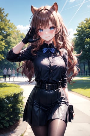 Eyes blue, curly long hair perfect,bow neck, uniform blue general,sexy,((city forest park perfect)),,belt,accesories Hair tights black looking at viewer hands-gloves,accesories looking at viewer,skirt punk,cute,looking at viewer face smile blushing,accessories looking at viewer breats meidum,body perfect,((pose cute)),squirrel girl,