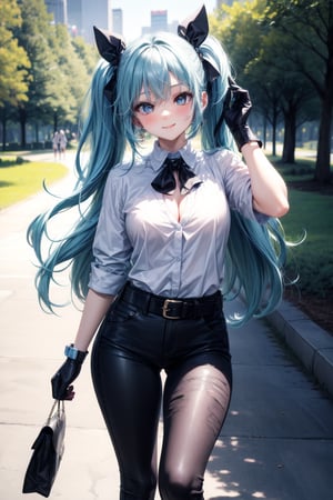 Eyes blue,blue hair perfect,bow neck, whitte shirt button ,sexy,((city forest park perfect)),,belt,accesories tights black looking at viewer hands-gloves,accesories looking at viewer,jeans black punk,cute,looking at viewer face smile blushing,accessories looking at viewer breats meidum,body perfect,((pose cute),miku