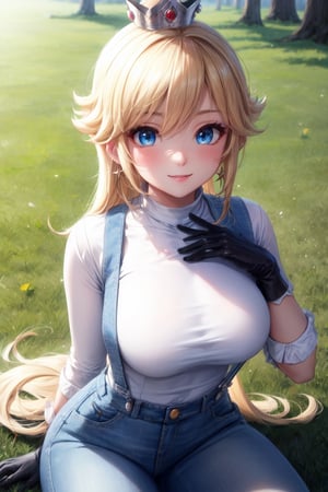 , white shirt perfect jeans blue,breats medium  perfect, eyes light perfect, black suspenders accessories crown,((park field forest city))blushing smile sexy  eyes light perfect body pefect hands perfect, lookin at viewer hands-gloves  black perfect ,princess rosalina,