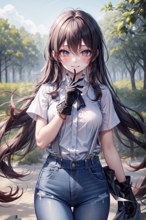 , white shirt perfect jeans blue,breats medium  perfect, eyes light perfect, black suspenders accessories,((park field forest city))blushing smile sexy  eyes light perfect body pefect hands perfect, lookin at viewer hands-gloves  black perfect ,princess_celestia,hu tao(genshin impact)