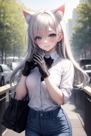 Hair perfect,white shirt button,perfect,perfect,jeans blue,breats medium  perfect,hair perfect, eyes light perfect,accesories ears cat,black,,((park forest city perfect)) face smile blushing sexy eyes light perfect body pefect hands perfect, lookin at viewer hands-gloves black perfect, kitty Girl