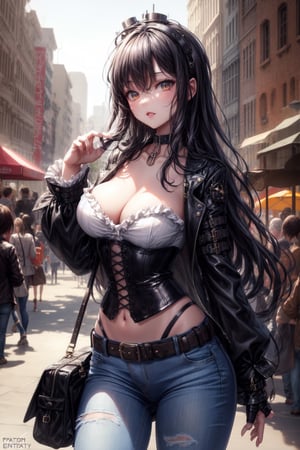 Octavia melody Mlp,long hair black,breast medium,black corset,jeans black belt,accesoriies Steampunk ((city park)) 
