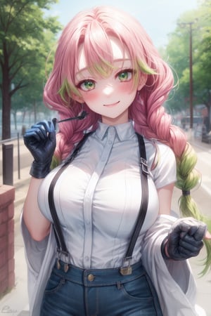 Hair pink multicolored green perfect, white shirt button perfect, jeans blue,breats medium  perfect,hair perfect, eyes light perfect, black suspenders ,((park forest city perfect))blushing smile sexy eyes light perfect body pefect hands perfect, lookin at viewer hands-gloves black,Jessic  perfect,mitsuri