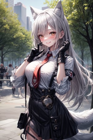 Wolf girl,white shirt button skirt punk,long hair soldier, black,hands gloves,face blushing smile closed breats medium accessories ears wolf Tail wolf suspenders,body perfect,hair perfect,hands perfect, accesories tie  ((city park forest))