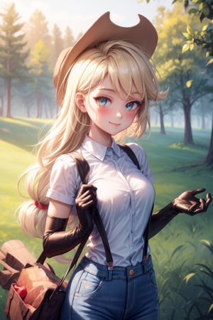 , white shirt perfect jeans blue,breats medium  perfect, eyes light perfect, black suspenders accessories hat Applejack,((park field forest city))blushing smile sexy  eyes light perfect body pefect hands perfect, lookin at viewer hands-gloves  black perfect ,princess_celestia, applejack mlp