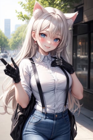 kitty-Girl, white shirt perfect jeans blue,breats medium,perfect, eyes light perfect, black suspenders accessories ears cat ,((park forest city))blushing smile sexy  eyes light perfect body pefect hands perfect, lookin at viewer hands-gloves  black perfect,
