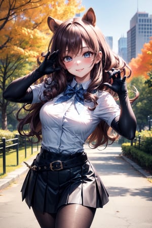 Eyes blue, curly long hair perfect,bow neck,uniform blue general,sexy,((city forest park perfect)),,belt,accesories Hair tights black looking at viewer hands-gloves,accesories looking at viewer,skirt punk,cute,looking at viewer face smile blushing,accessories looking at viewer breats meidum,body perfect,((pose cute)),squirrel girl 