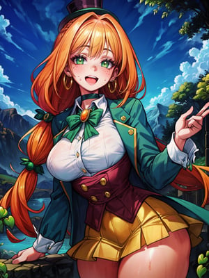 Extremely absurdres, 8k, 4k, masterpiece, Best Quality, extremely detailed, intricate, hyper detailed, perfect face, illustration, cel shading, best quality, 

skindentation:0.95, low key:0.5, 

1 girl:1.2, solo:1.2, cowboy shot, cute, relaxed, 

collar, large breasts:1.2, perky breasts, thick thighs, thick eyelashes, long eyelashes,

green blazer with gold trim:1.3, white shirt:1.3, green pleated miniskirt:1.2, buttons, tiny tophat, freckles,

orange hair, braided hair, large earrings, choker, sweatbands, glossy skin,

green eyes:1.4, glowing eyes, eyeliner,

smile, happy, gleeful, open mouth, glossy lips:1.3,

valley, rolling hills, trees, ireland:1.4, shamrock:1.4, pot of gold
