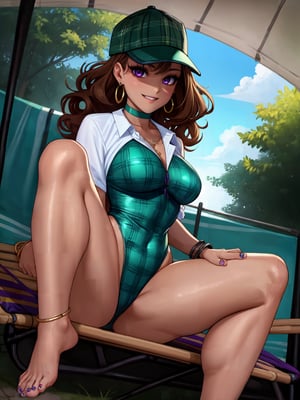 Extremely absurdres, 8k, 4k, masterpiece, Best Quality, extremely detailed, intricate, hyper detailed, perfect face, illustration, cel shading, best quality, 

skindentation:0.95, low key:0.5, thick lineart,

 1 girl:1.2, solo:1.2, sexy, cowboy shot, dark skin, 

cute, sitting in a hammock:1.4,

Small breasts:1.2, perky breasts, thick thighs, thick eyelashes, long eyelashes, 

Green plaid leotard:1.6, white knotted shirt + seethrough, barefoot:1.4, ankle bracelet, trucker cap,

Pale brown hair, highlights, curly hair, large earrings, choker, bracelets, glossy skin, 

Purple eyes, glowing eyes, eyeliner, 

Cheeky, happy smile, looking at viewer, glossy lips, 

dutch angle, trailer park, gazebo