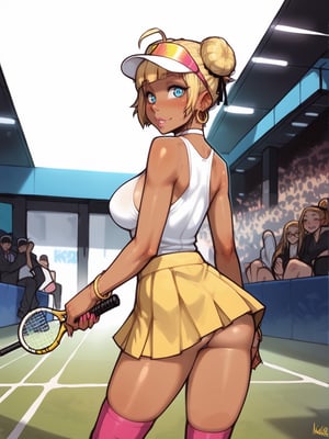 score_9, score_8_up, score_7_up, BREAK, 

source_anime,

 skindentation:0.95, low key:0.5, rating:safe, 

Incase, asura, RS,

1 girl:1.2, solo:1.2, sexy, cowboy shot, cute,

 Standing, 

 Large breasts:1.2, fake breasts, thick thighs, large ass, thick eyelashes, long eyelashes, 

Ganguro, gyaru, dark skin:1.2, 

Yellow and cyan tennis minidress + stripes + straps + side slits, yellow visor

Yellow hair, hair buns, blunt bangs, ahoge, large earrings, choker, bracelets, glossy skin, 

Blue eyes, iridescent eyes, eyeliner,

 Looking to at viewer, cute, smile, squint,

 Tennis court, crowd