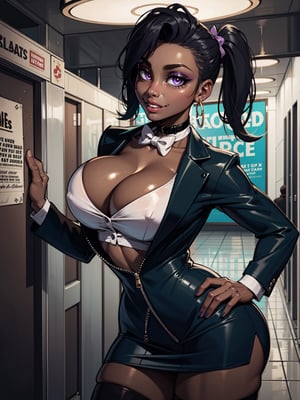 Extremely absurdres,  8k,  4k,  masterpiece,  Best Quality,  extremely detailed,  intricate,  hyper detailed,  perfect face,  illustration,  cel shading,  best quality,  (skindentation:0.95,  muscular:0.8,  abs:0.9),  low key:0.5,  (1 girl:1.2, dark skin:1.5), (solo:1.2,  cowboy shot),  (cute, standing, posing),  collar,  (large breasts:1.2,  perky breasts),  thick thighs, thick eyelashes,  long eyelashes,  (white shirt, bowtie, cleavage, pleated miniskirt, extremely short jacket, long sleeves, thigh highs),  (turquoise hair, pigtails, asymmetric bangs, hair bows),  large earrings,  choker,  bracelets,  (glossy skin, purple eyes,  glowing eyes, eyeliner, eyeshadow), smile, (subway entrance, crowd),thepit