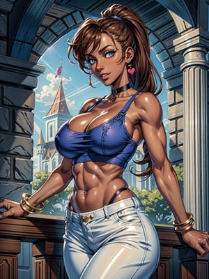 Extremely absurdres,  8k,  4k,  masterpiece,  Best Quality,  extremely detailed,  intricate,  hyper detailed,  perfect face,  illustration,  cel shading,  best quality,  (skindentation:0.95,  muscular:0.8,  abs:0.8),  low key,  (1 girl:1.2, dark skin),  (solo:1.2,  sexy,  cowboy shot),  (cute,  standing),  collar,  (huge_breasts:1.2,  fake breasts),  thick thighs,  large ass,  thick eyelashes,  long eyelashes,  ( blue embroidered tanktop + white trousers + straps + navel piercing + hearts,  brown hair, tall ponytail,  long bangs),  choker,  bracelets,  (blue eyes, glowing eyes, glossy skin),  smile,  gentle,  looking at viewer,  (castle, tall columns, tapestries, lens flare)