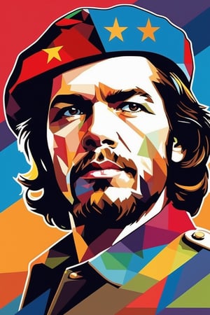 a vibrant and dynamic WPAP artwork (t-shirt design), featuring a man (Che Guevara), army attire and red barret, smoking cigar, posing perfectly, using pop art style with Rearrangement of portrait using geometric shapes with a mixture of vibrant colors. Dimensions of the redrawn face do not change, so the final appearance of the transformed object still looks clear and resembles original. Although built from flat planes, the dimensions in the illustrations created in the WPAP style are still clearly visible by utilizing light and shadow, imaginary lines that form the face, and the location of facial features and proportions.