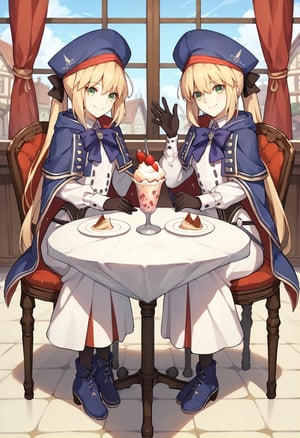 2girls, blonde hair, long hair, green eyes, twintails, white shirt, blue beret, white skirt, blue cape, blue ribbon, black gloves, pantyhose, blue boots, smile, bragging, parfait, chair, table, full body, twins, sitting, town lora:Castoria:1, score_9, score_8_up, score_7_up, score_6_up, score_5_up, score_4_up, BREAK source_anime, masterpiece
