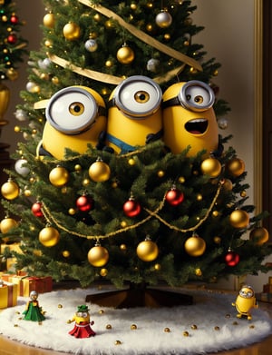 ((((masterpiece)), photographic)), professional detailed, ultra high detail, sharp, fracolor, insanely detailed,
3 minions laughing and dancing under the Christmas tree of decorations
, professional, highly detailed, ,MinionStyle