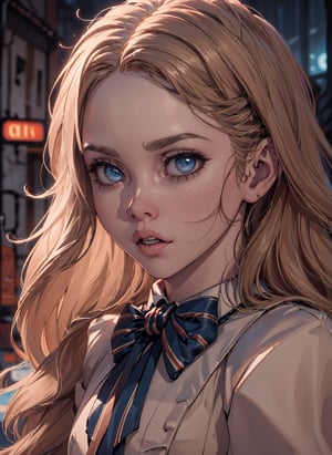 ,(looking at viewer),(cowboy shot dynamic pose:1.22),M3GEN/(Robot Girl/), 1girl, solo, long hair, blonde hair, realistic, blurry, blue eyes, bow, photo inset, full body, bowtie, parted lips, ribbon, lips,detailed shiny skin,perfect and very white teeth,finely detailed beautiful eyes,Ultra-fine facial detail,eyelashes,Glossy pink lips,(detailed The dark and terrifying alleys background:1.4),in the room, (day:1.33),depth of field,intricate,elegant,highly detailed,digital photography,masterpiece,