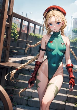 masterpiece, best quality, highres, 1girl, cammy white, twin braids, long hair, blonde hair, antenna hair, beret, (red headwear:1.3), blue eyes, scar on cheek, green leotard, medium breasts, sleeveless, red gloves, fingerless gloves, camouflage, lora:cammy_white_v1:0.7,  cowboy shot, standing, outdoors, arms at sides, straight-on,
